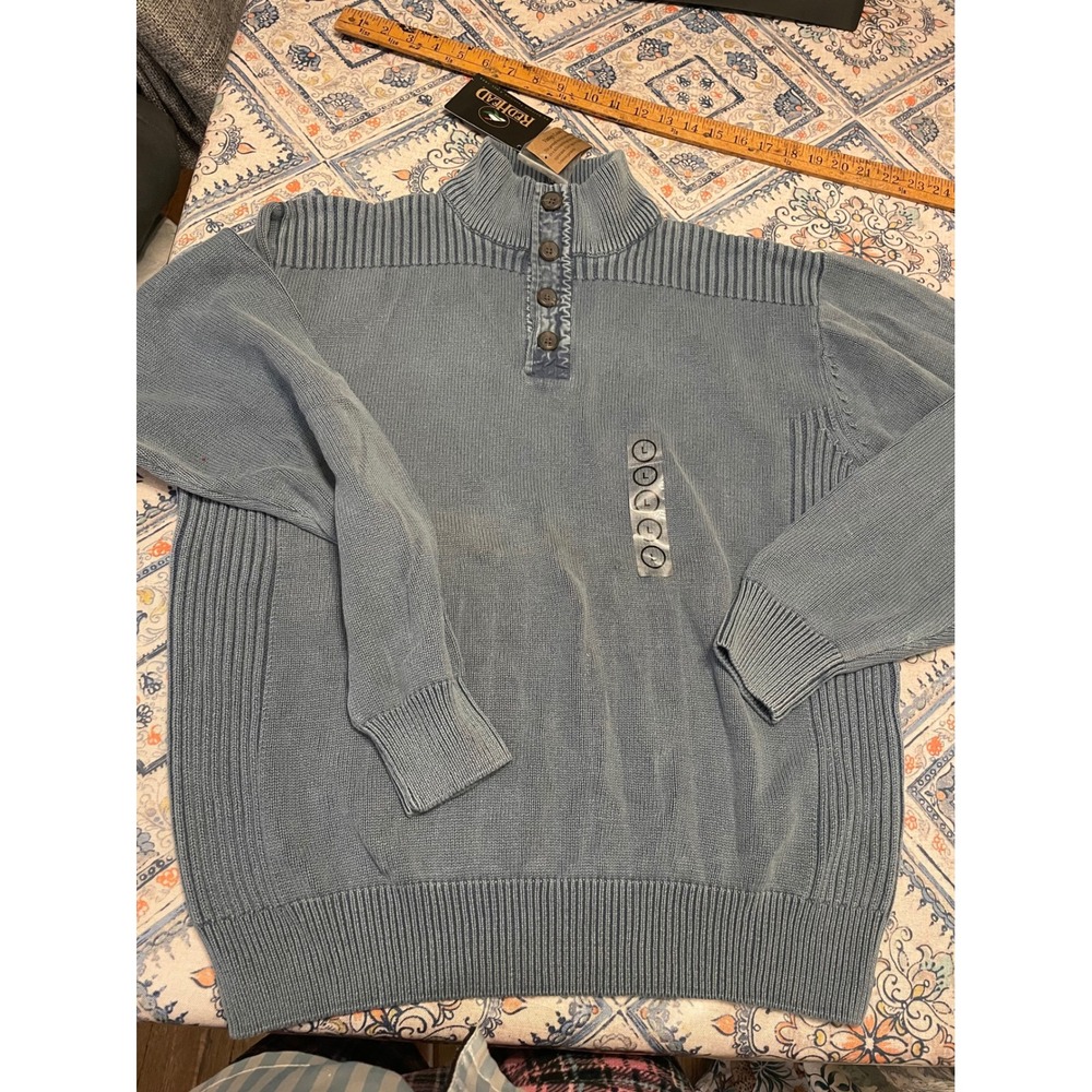 RedHead Mens 4 Button Mock Neck Sweater Dark Blue Vintage Wash Cotton Large